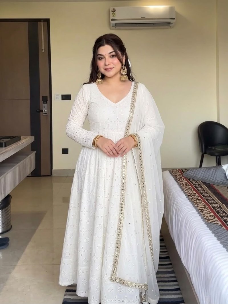 Nsr 919 Pure Cotton Chiffly Work Anarkali Kurti With Bottom Dupatta